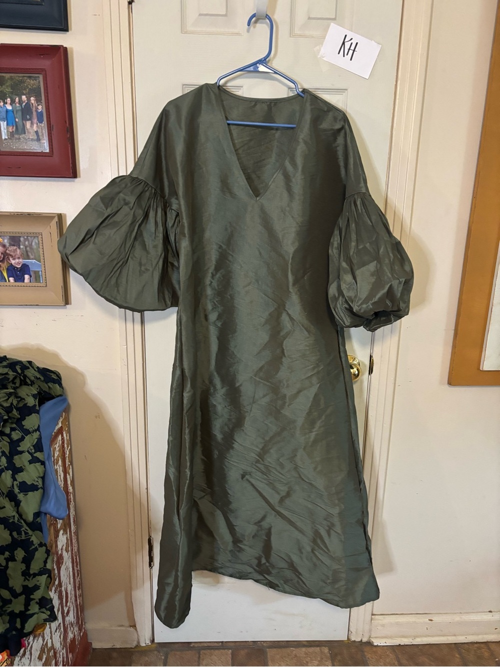 Olive Green Puff-Sleeve V-Neck Dress